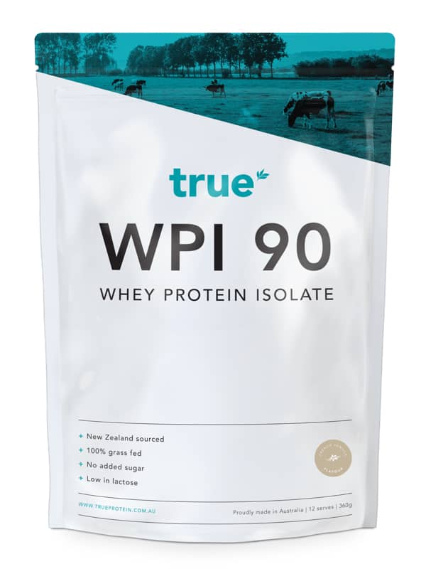 True WPI 90 whey protein isolate pouch – French Vanilla flavor, 360g white resealable bag branded "true", New Zealand-sourced 100% grass-fed whey, low lactose, no added sugar, proudly made in Australia.