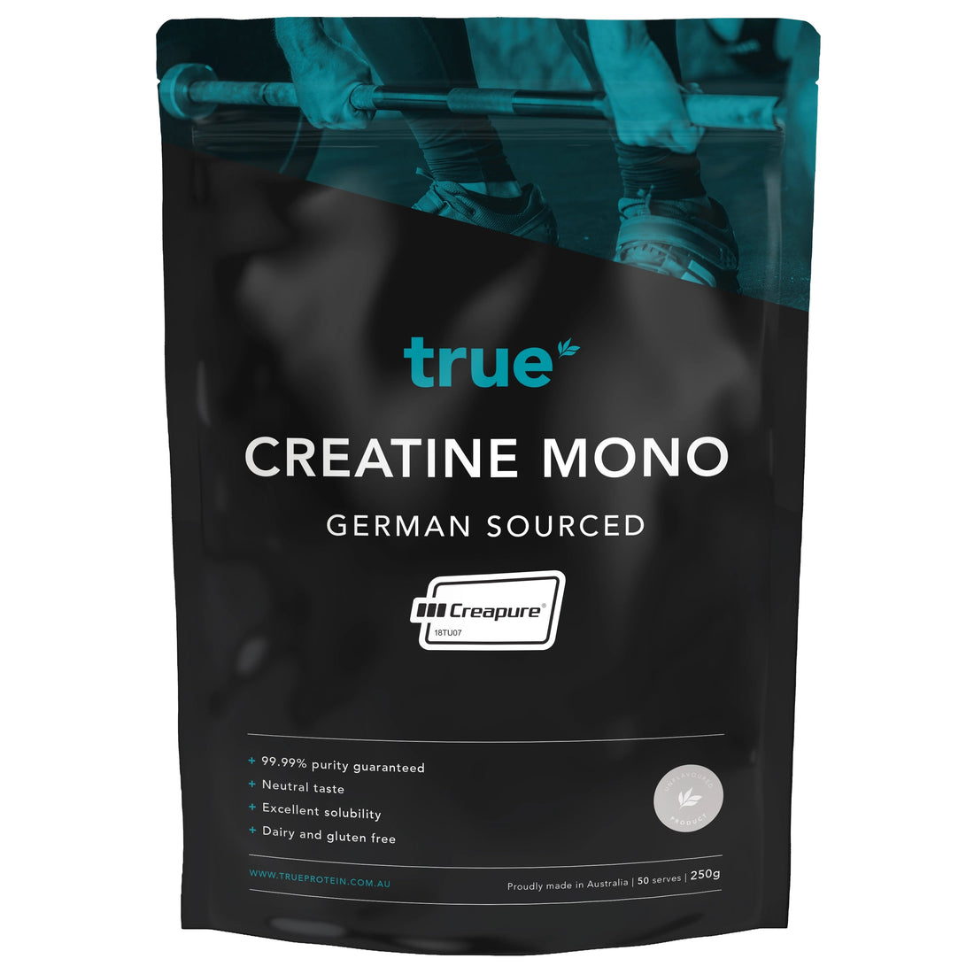 True Protein Creatine Mono pouch, German-sourced Creapure creatine monohydrate 250g – unflavoured, 99.99% purity, neutral taste, excellent solubility, dairy &amp; gluten free, proudly made in Australia (sports supplement)
