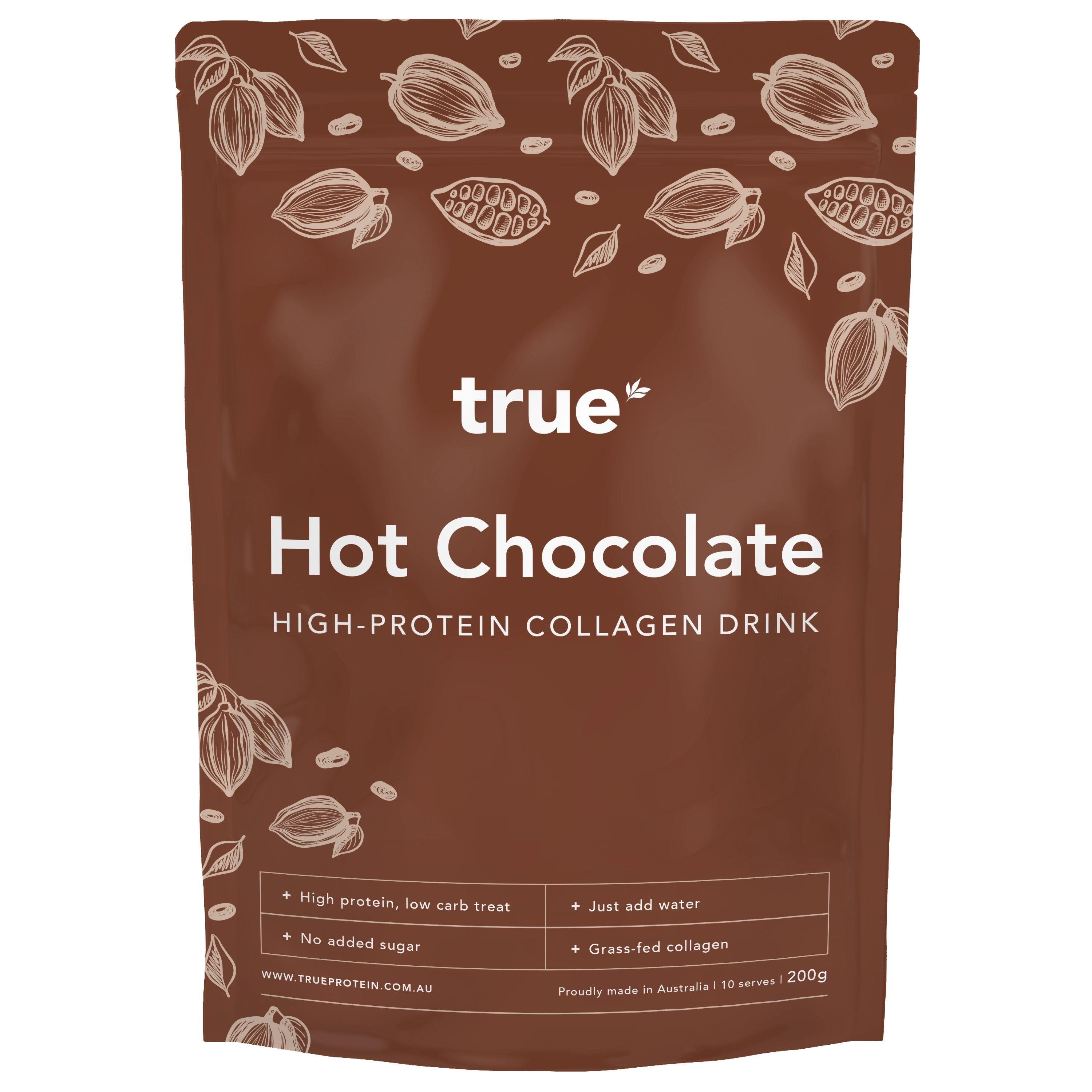 True brand Hot Chocolate high-protein grass-fed collagen drink pouch, 200g resealable brown packet — no added sugar, just add water; proudly made in Australia.