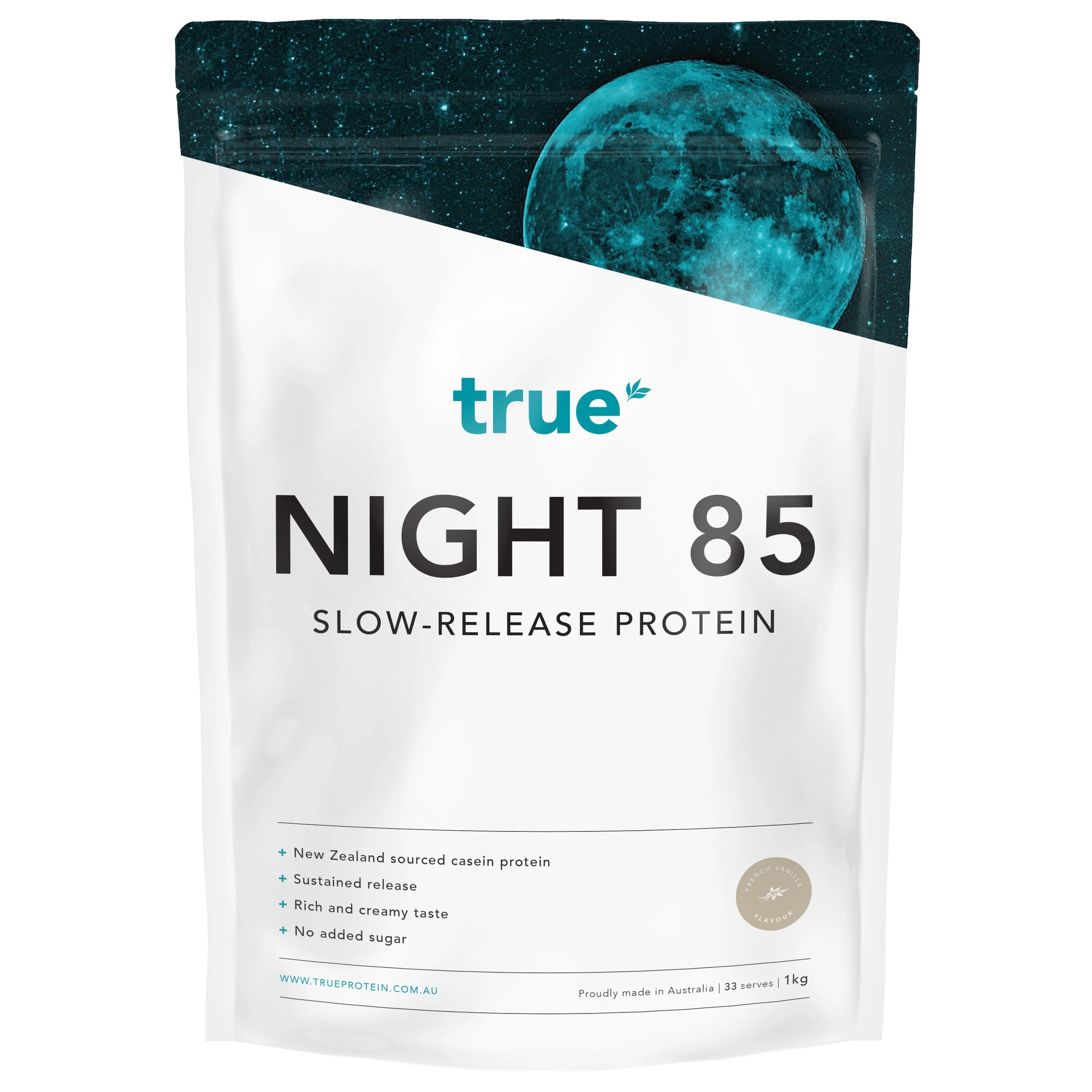 True Night 85 slow-release casein protein pouch, 1kg resealable white bag with teal moon graphic, True Protein brand, made in Australia — dietary protein powder product image.