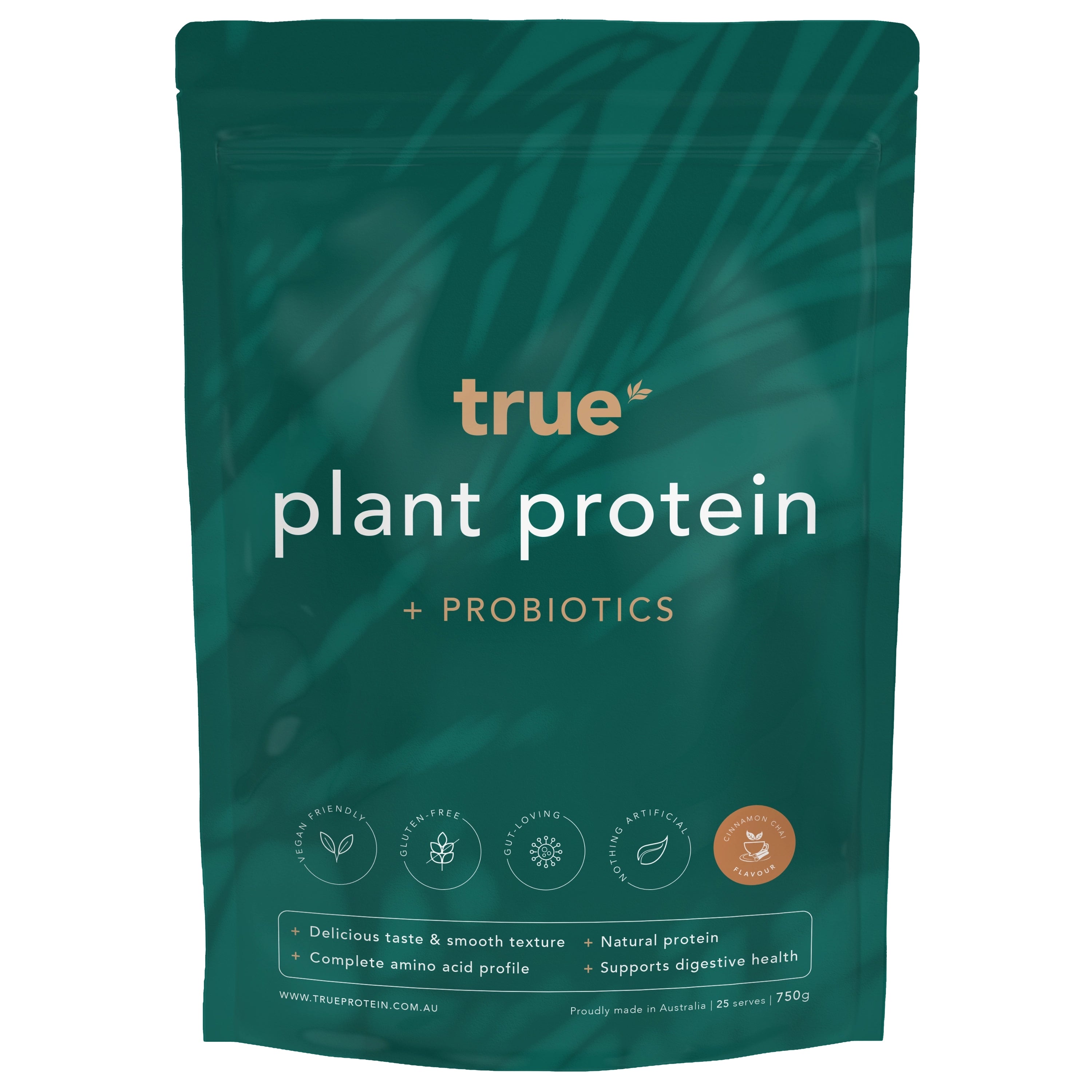 True plant protein + probiotics powder pouch, True brand green resealable bag, Cinnamon Chai flavour, vegan gluten‑free natural protein, 750g — proudly made in Australia.