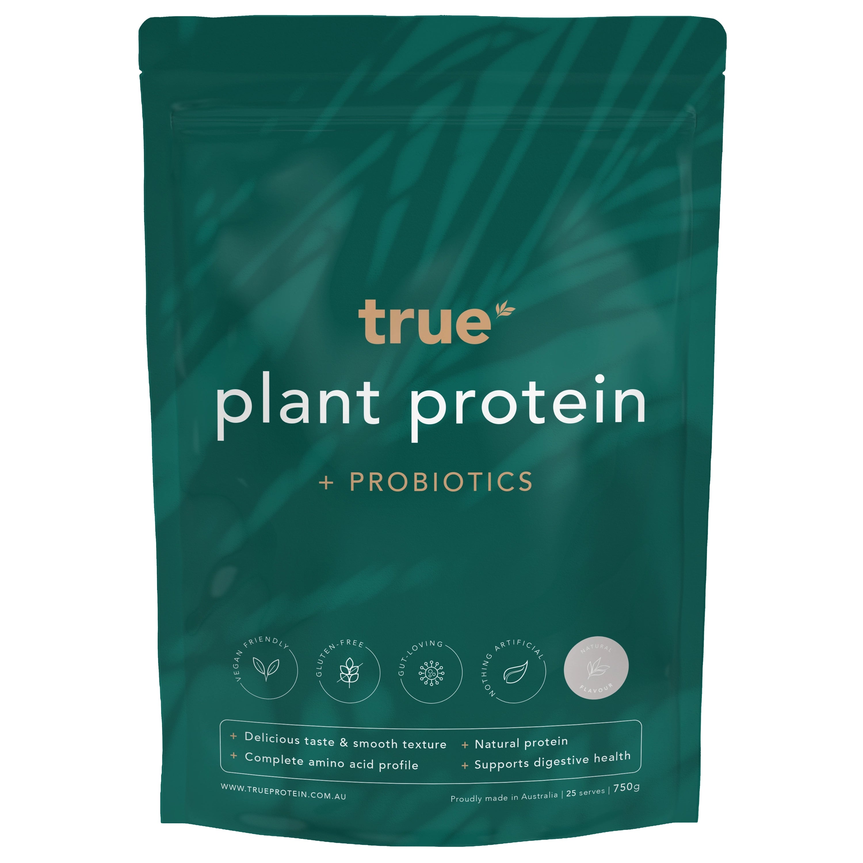 True Plant Protein + Probiotics pouch, 750g vegan gluten-free plant-based protein powder, natural flavour, supports digestive health, made in Australia.