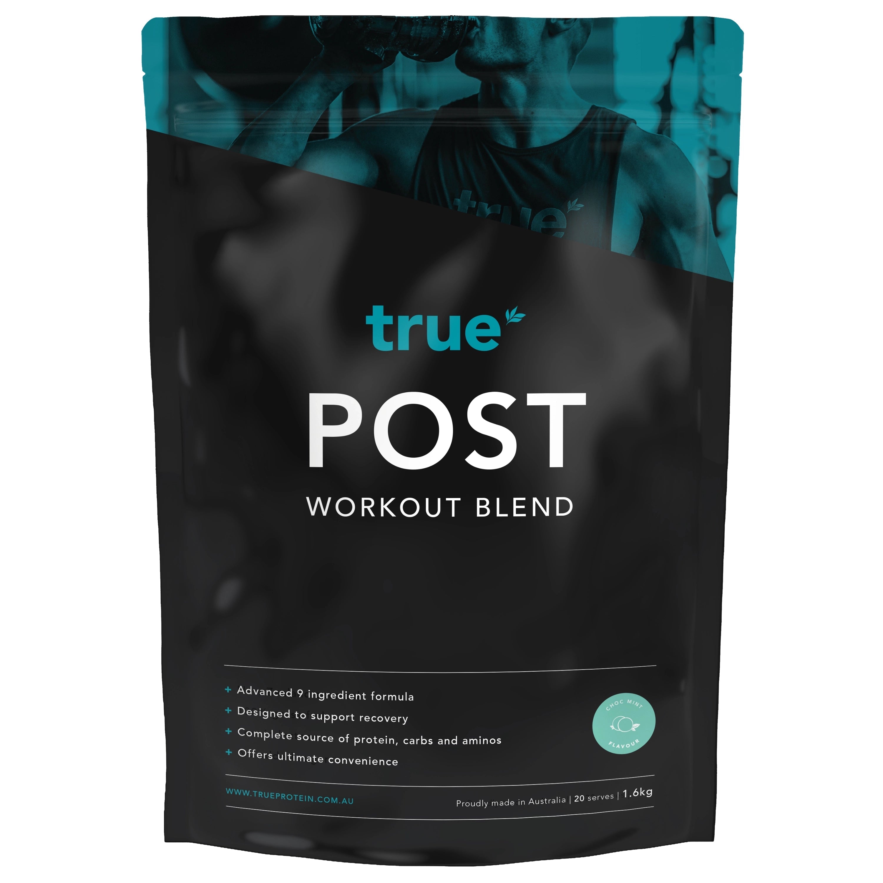 True Post Post-Workout Blend resealable black pouch 1.6 kg — chocolate mint protein recovery powder, complete source of protein, carbs &amp; aminos, Australian-made sports supplement (trueprotein.com.au)