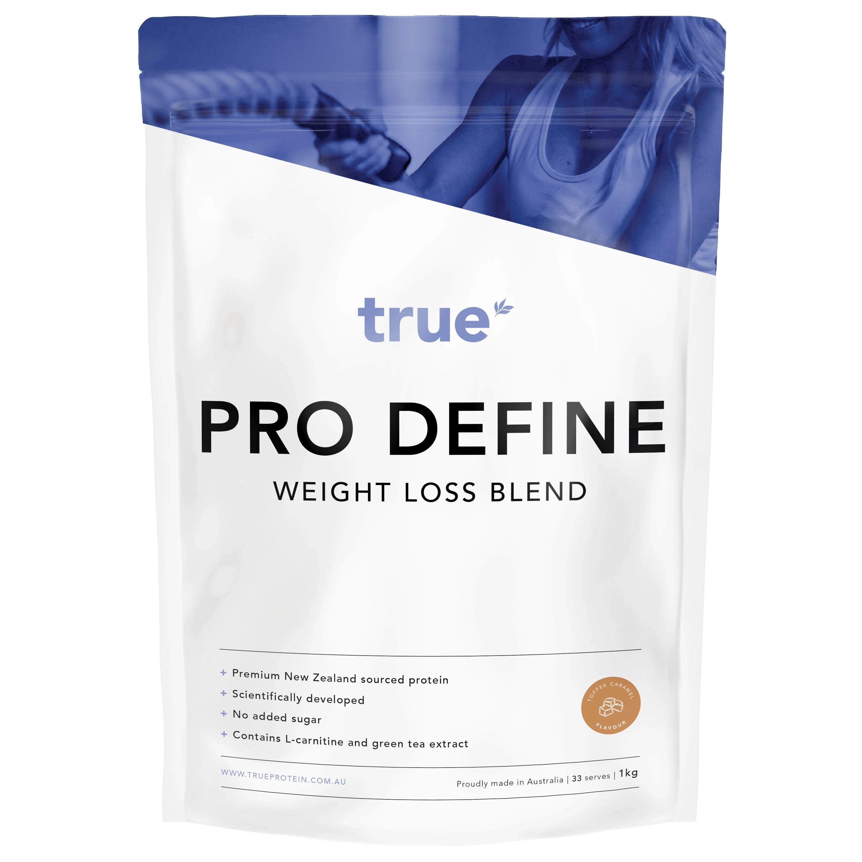 True Pro Define weight loss blend 1kg resealable pouch — Toffee Caramel flavour, premium New Zealand protein, made in Australia