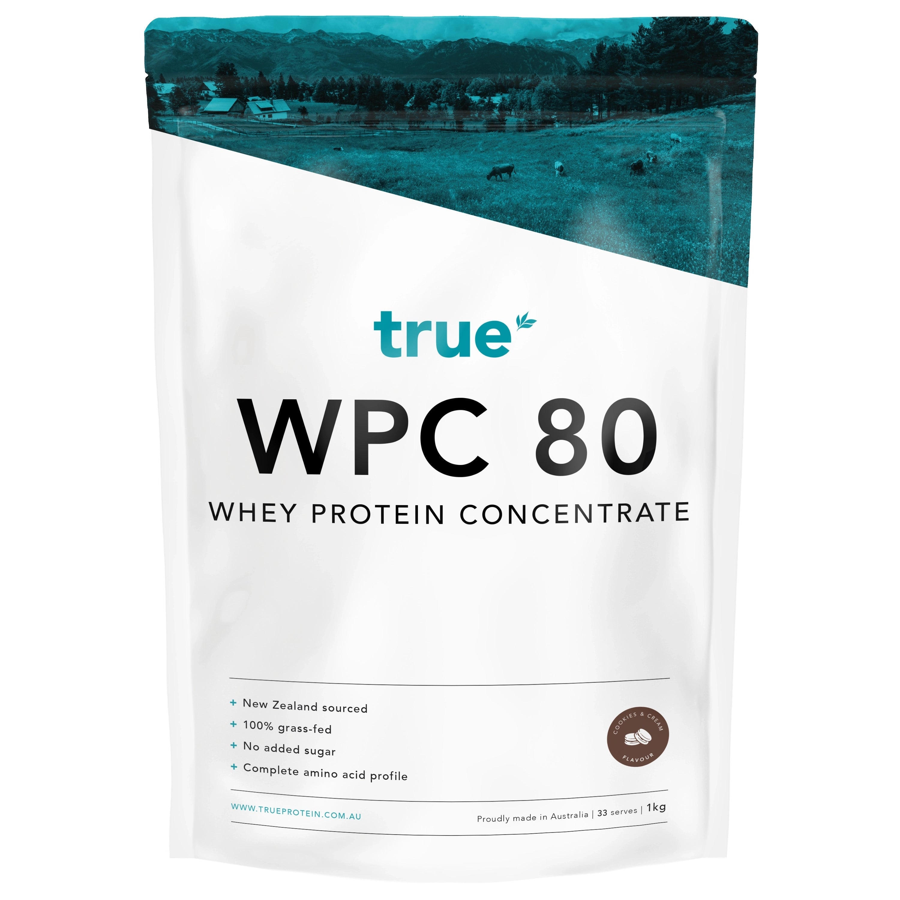 True WPC 80 whey protein concentrate 1kg white resealable pouch, True brand Cookies &amp; Cream flavour, 100% grass-fed New Zealand sourced whey, no added sugar, made in Australia — product packaging front view