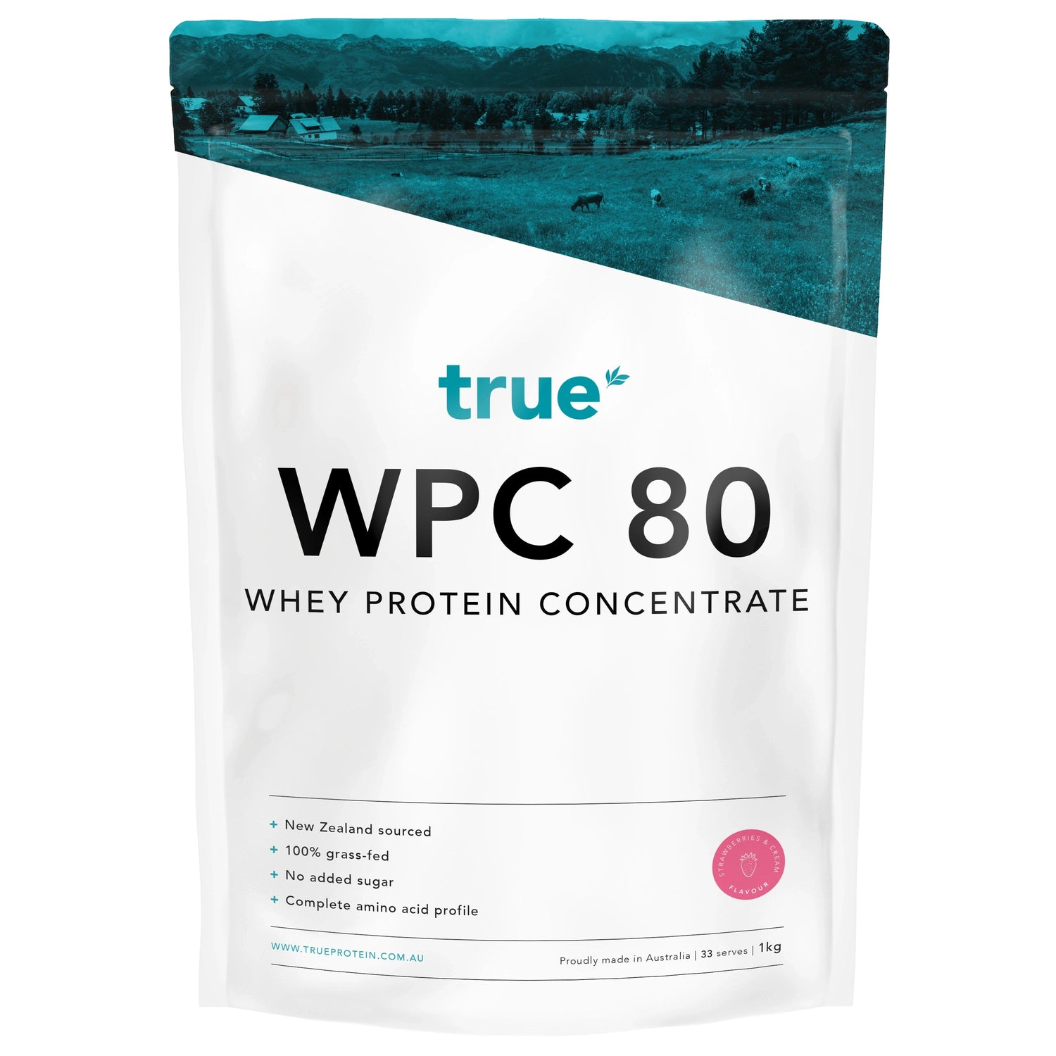 True WPC 80 whey protein concentrate 1kg pouch – True protein powder, 100% grass‑fed whey, New Zealand sourced, no added sugar, complete amino acid profile, proudly made in Australia.