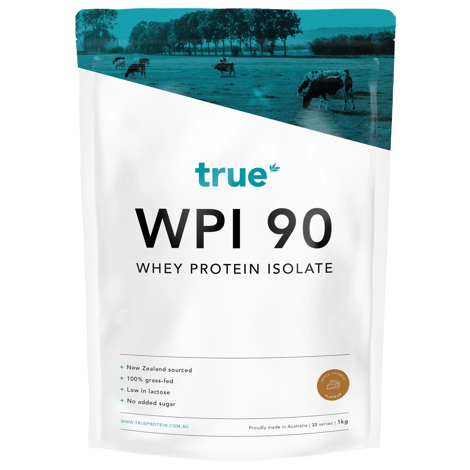 True WPI 90 whey protein isolate 1kg pouch by True — apple crumble flavour, New Zealand-sourced 100% grass-fed whey, low lactose, no added sugar, proudly made in Australia.
