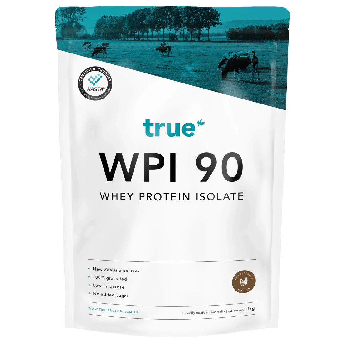 True WPI 90 whey protein isolate 1 kg pouch - chocolate flavour, white and teal packaging; New Zealand-sourced 100% grass-fed whey, low lactose, no added sugar, proudly made in Australia.
