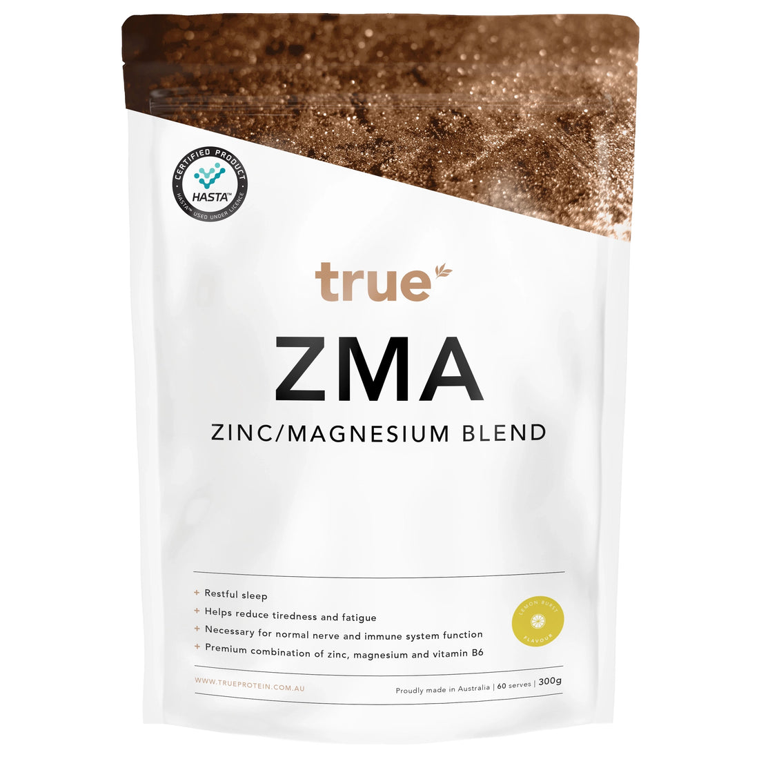 True ZMA zinc/magnesium blend 300g resealable pouch – True brand lemon burst supplement powder, white and bronze packaging, made in Australia