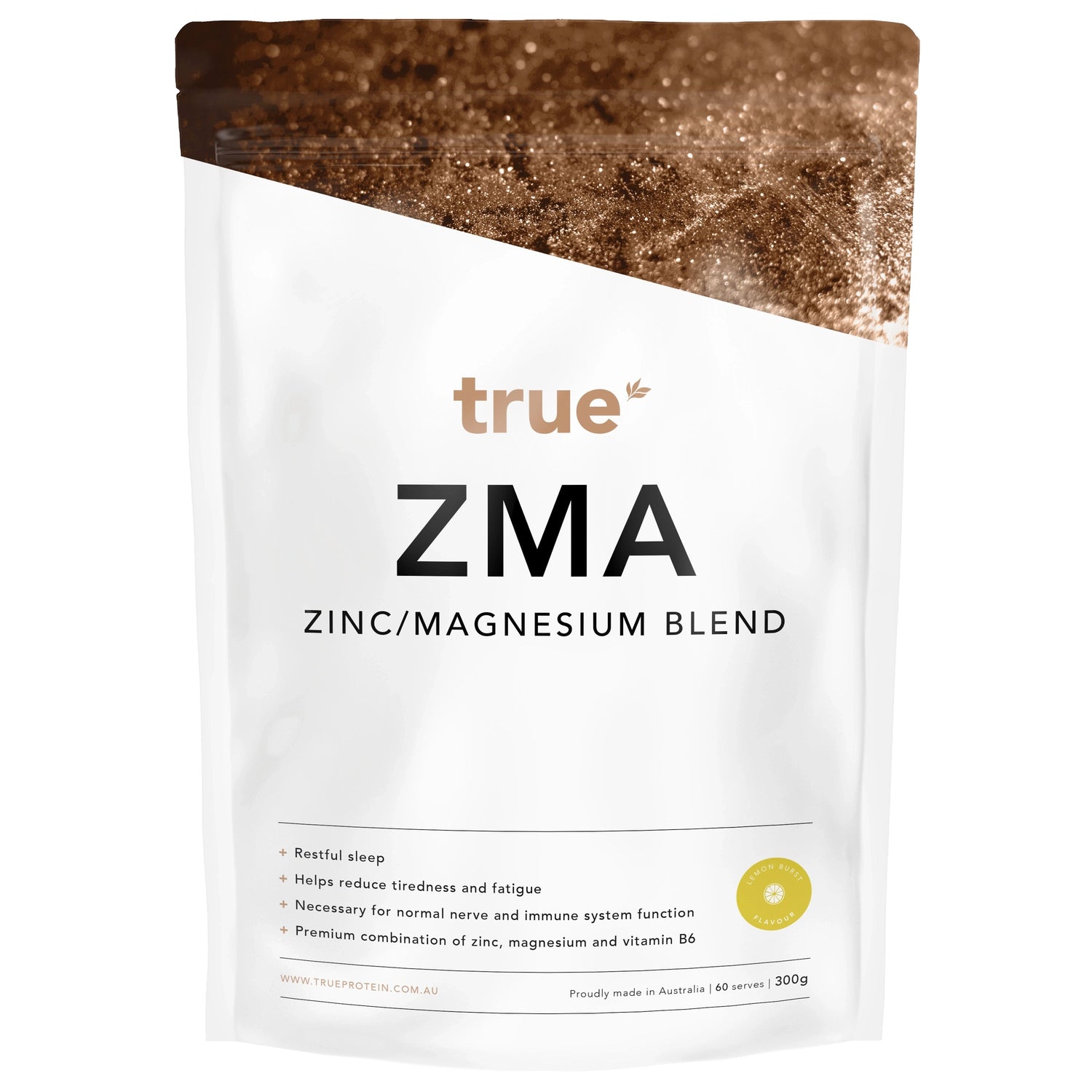 True ZMA zinc/magnesium blend 300g pouch – lemon burst flavour, white and bronze resealable front-facing pack, Australian-made sports supplement for sleep, recovery and immune support.