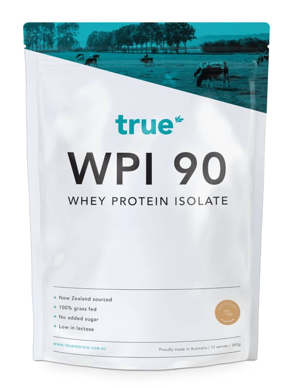 True WPI 90 whey protein isolate pouch — raw coconut flavor, 360g, 100% grass-fed, New Zealand sourced, made in Australia.