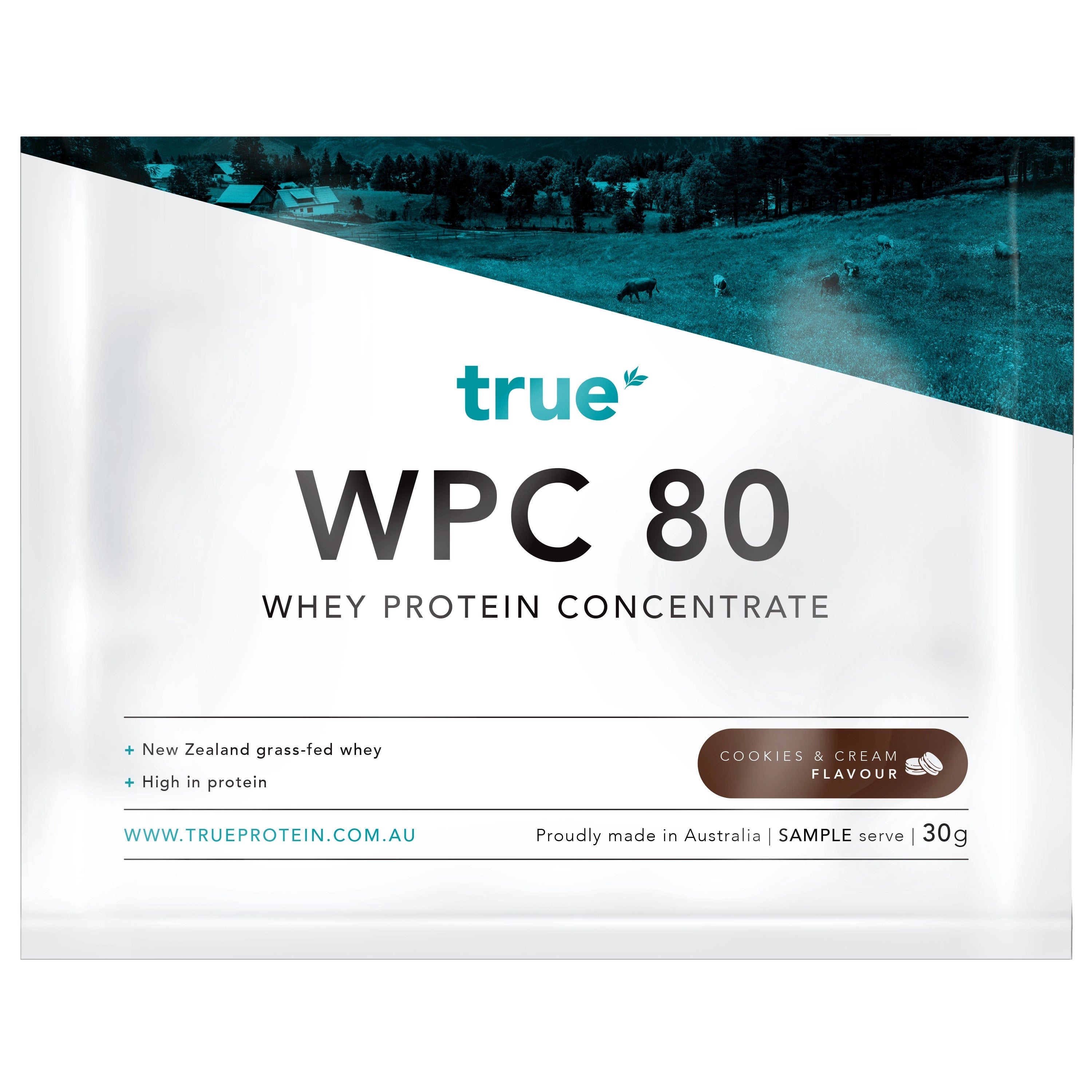 True WPC 80 whey protein concentrate sample sachet 30g, Cookies & Cream flavour — New Zealand grass‑fed whey, high protein, proudly made in Australia.