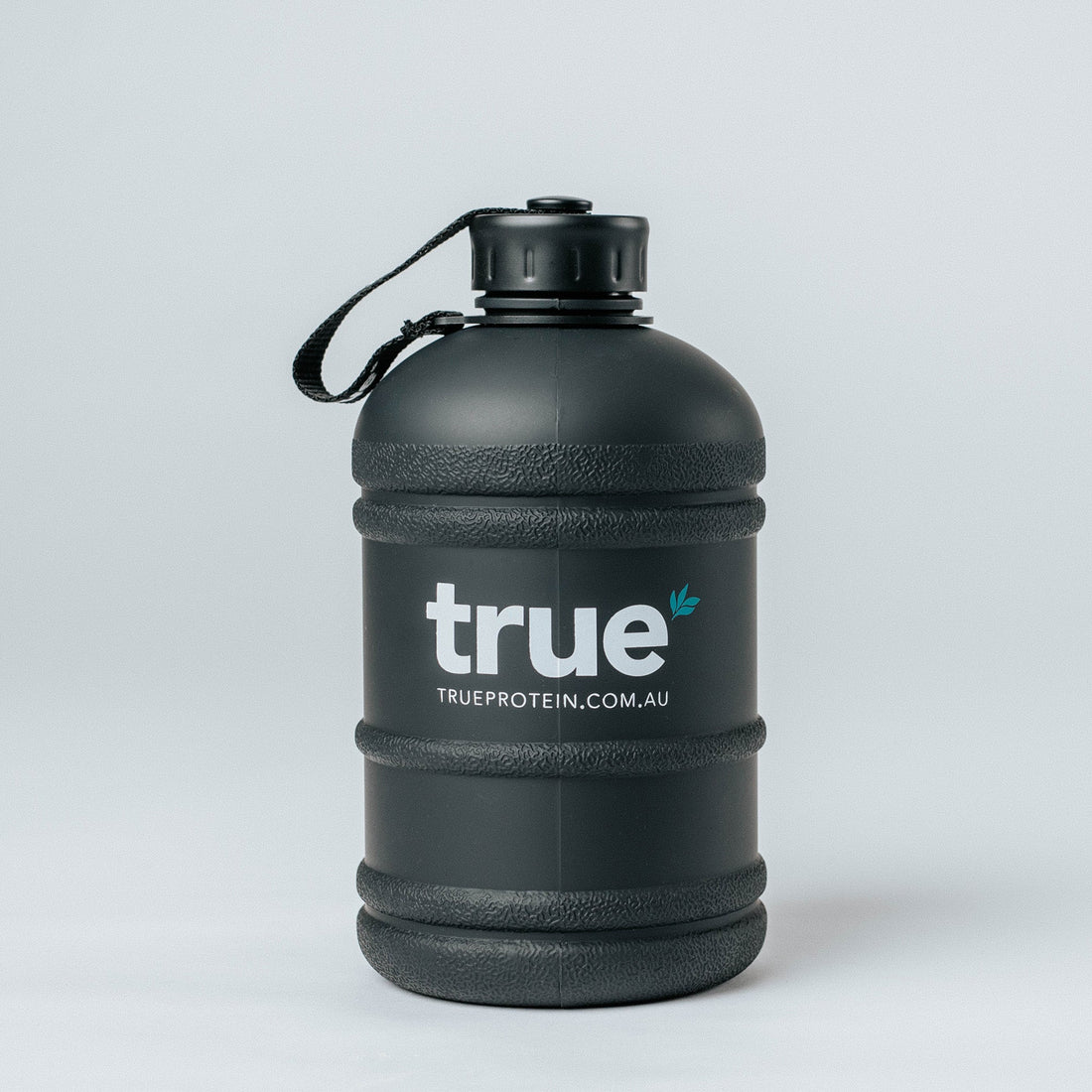 Black 1.89L True Protein branded water jug bottle with carry strap and "trueprotein.com.au" logo on a light background — Australia sports nutrition water bottle product shot