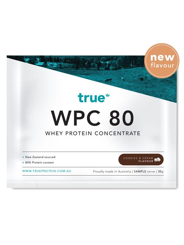True WPC 80 whey protein concentrate sample sachet - True Protein cookies &amp; cream flavour, 30g, New Zealand sourced whey, proudly made in Australia.