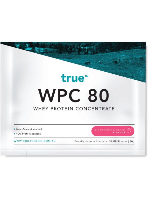 True WPC 80 whey protein concentrate sample sachet, True Nutrition branding, strawberry & cream flavour, 30g, New Zealand sourced milk, proudly made in Australia.