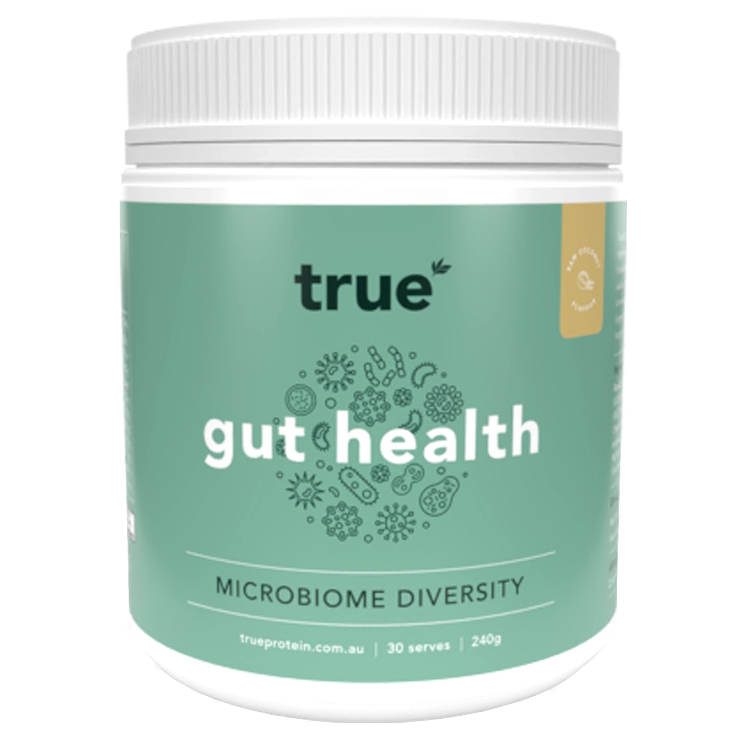 True Gut Health microbiome diversity powder tub by True Protein – green 240g supplement container, 30 serves, Australian gut health probiotic/prebiotic blend for microbiome support.