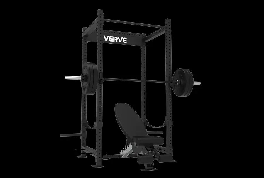 Verve black adjustable power rack with incline bench and loaded barbell, commercial-grade home gym strength training equipment