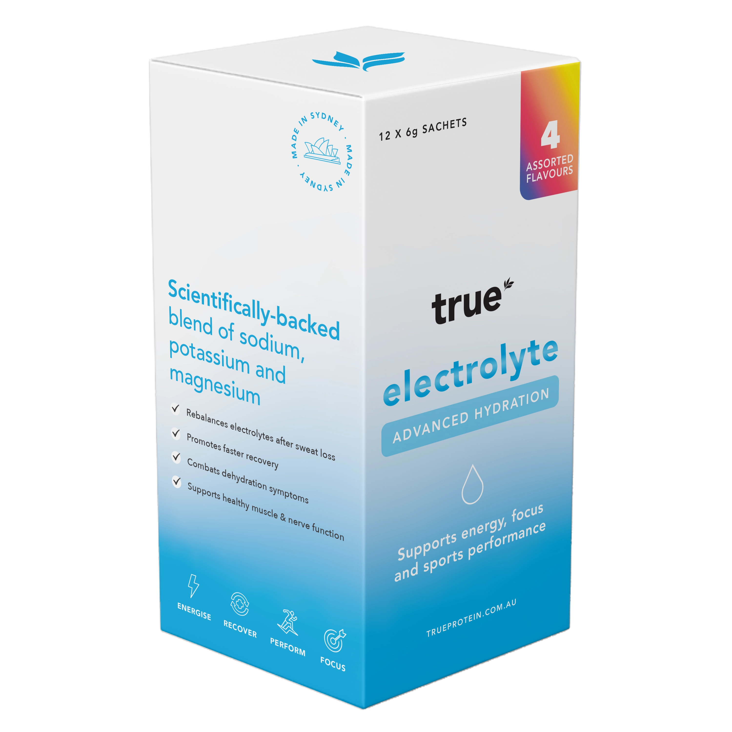 True electrolyte advanced hydration box (True Protein) — 12 x 6g assorted-flavour sachets, scientifically-backed sodium‑potassium‑magnesium blend for sports hydration, recovery and muscle function, made in Sydney, Australia