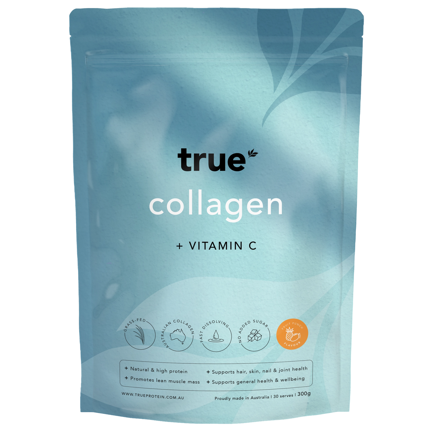 True Collagen + Vitamin C powder pouch by True Protein, aqua resealable 300g bag, fruit punch flavour, Australian-made collagen supplement for hair, skin, nails, joints and muscle support.