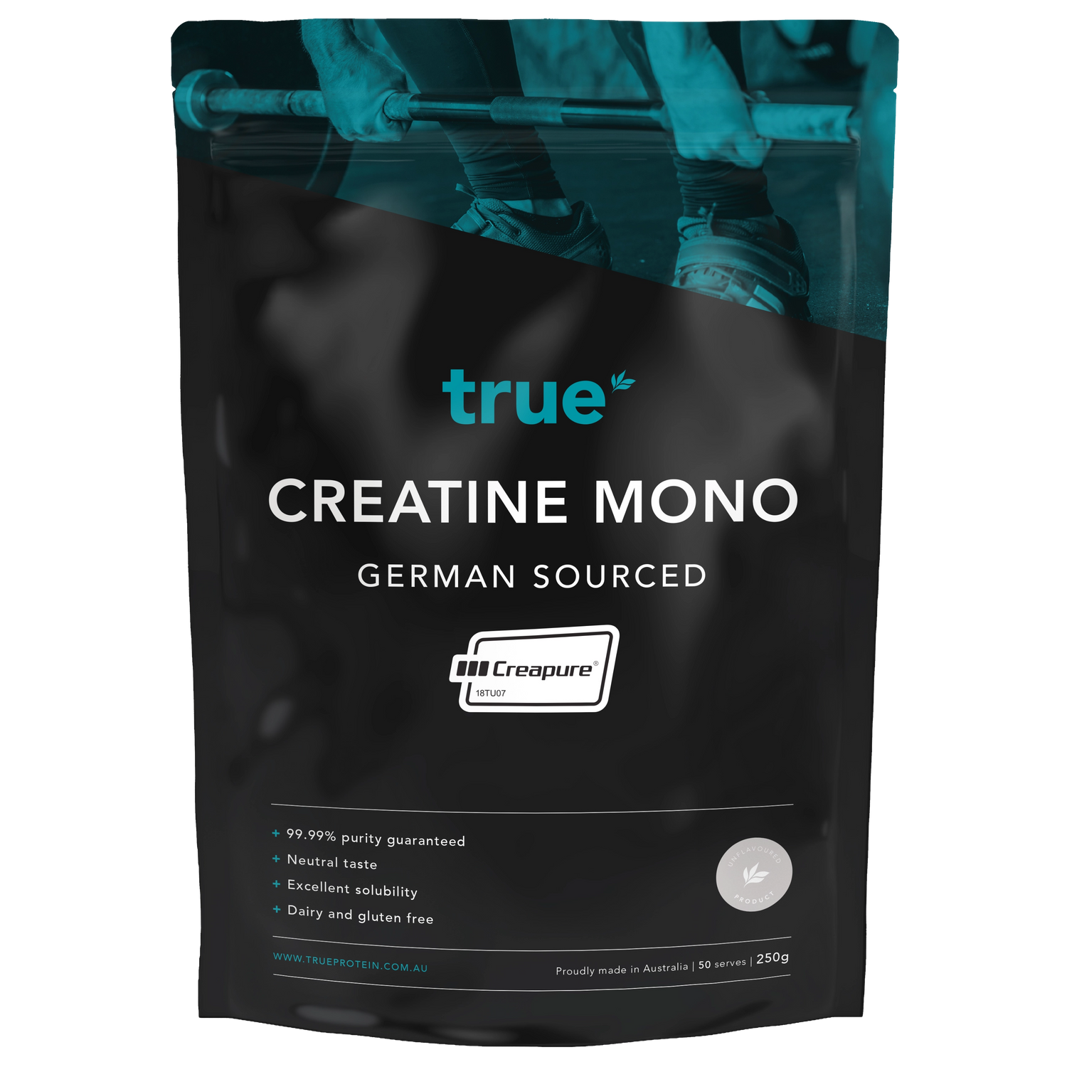 True Creatine Mono 250g black pouch – German-sourced Creapure creatine monohydrate by True Protein, neutral-taste, dairy & gluten free, Australian-made supplement with weightlifting image (Australia).