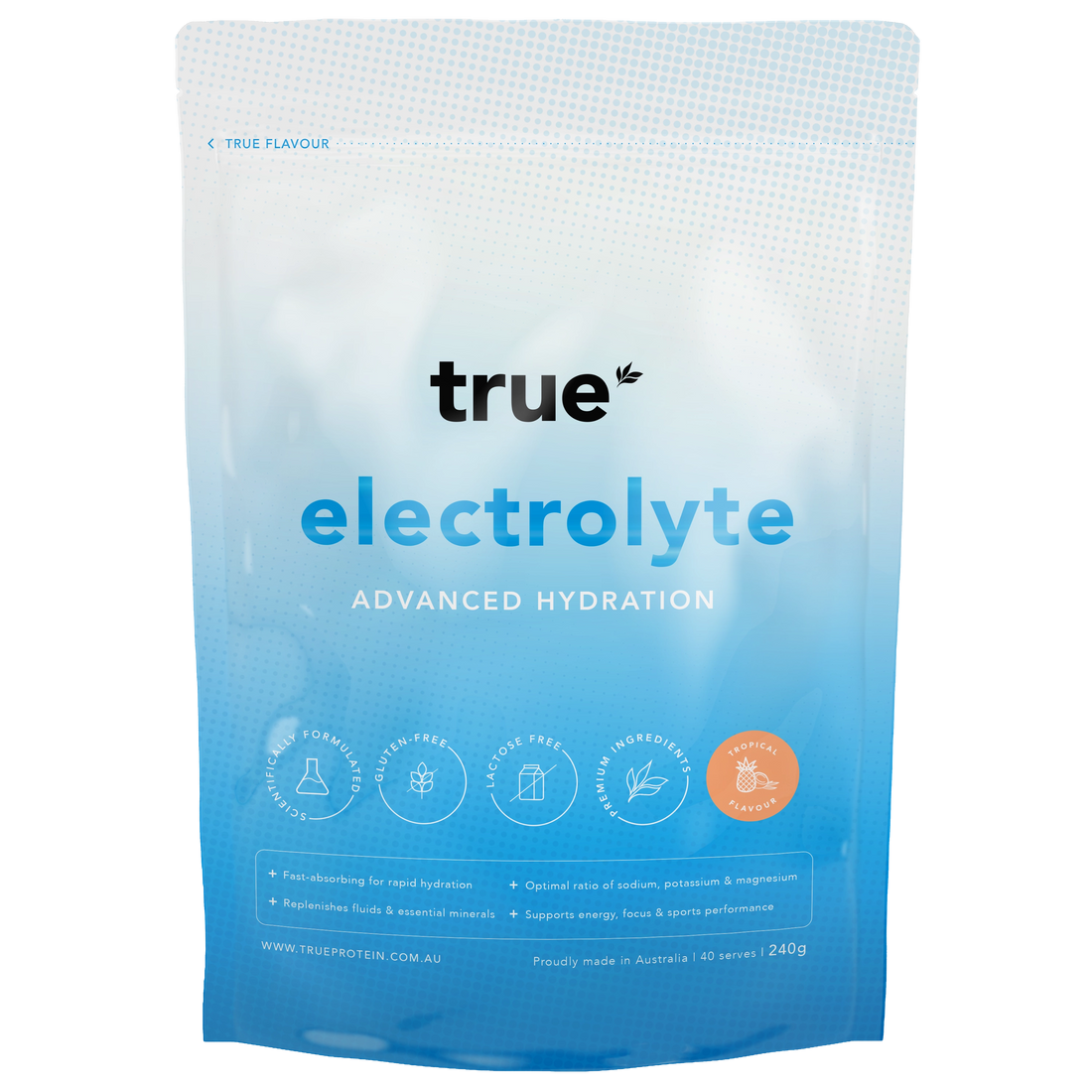 True electrolyte advanced hydration powder pouch 240g, tropical flavour, blue gradient resealable pack, True Protein, made in Australia