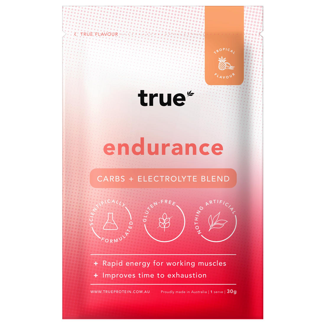 True Endurance carbs + electrolyte blend 30g single-serve pouch by True Protein, tropical flavour sports energy powder, pink-red packaging, gluten-free, scientifically formulated, made in Australia.