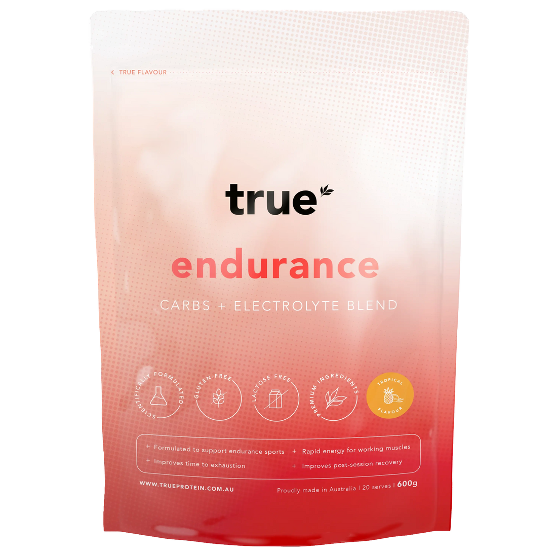 True Endurance carbs + electrolyte blend pouch, 600g tropical flavour, pink-red resealable sports drink powder by True Protein – 20 serves, gluten-free, lactose-free, proudly made in Australia.