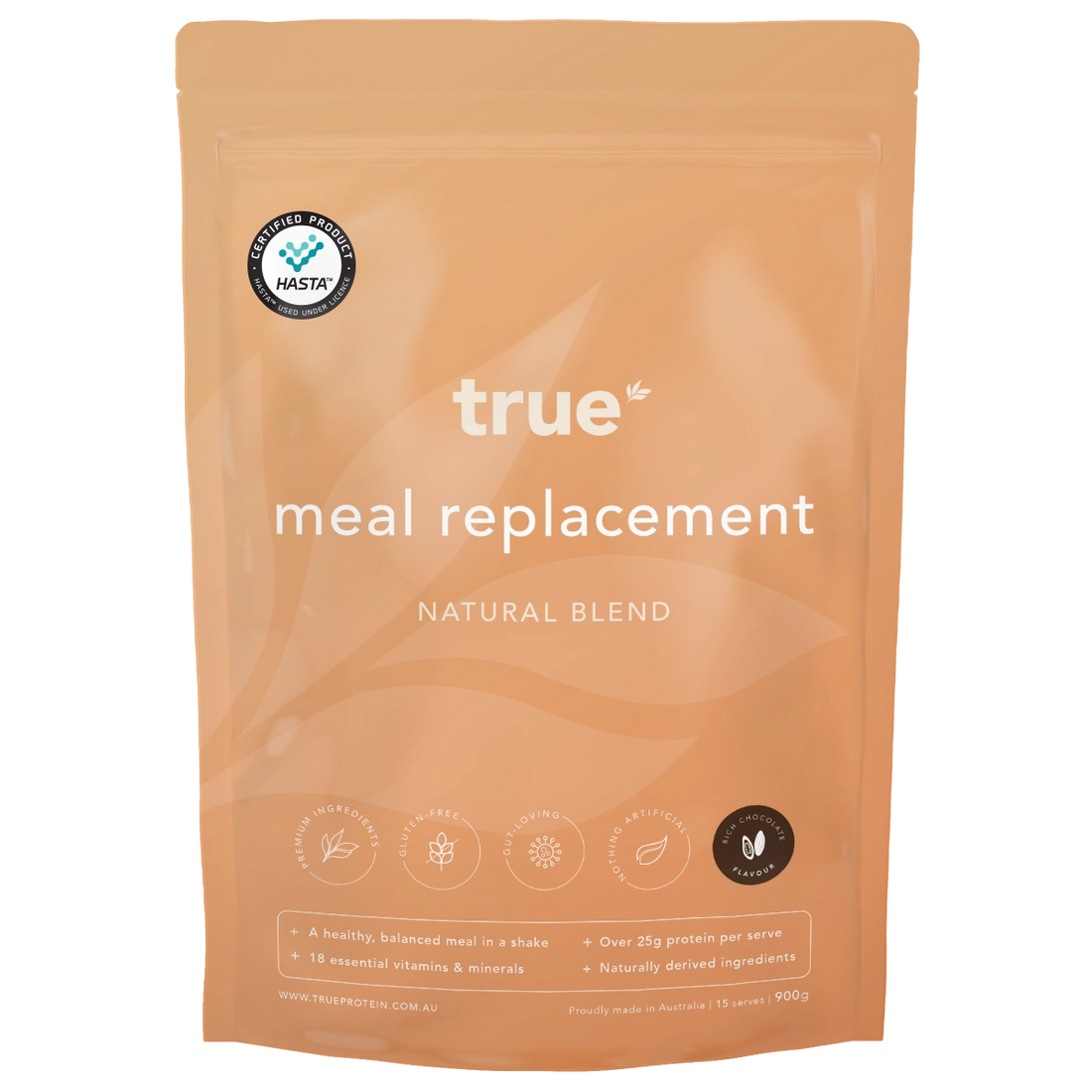 True meal replacement natural blend pouch 900g – Australian-made protein shake powder by True, natural blend meal replacement packaging with HASTA certification (chocolate flavour)