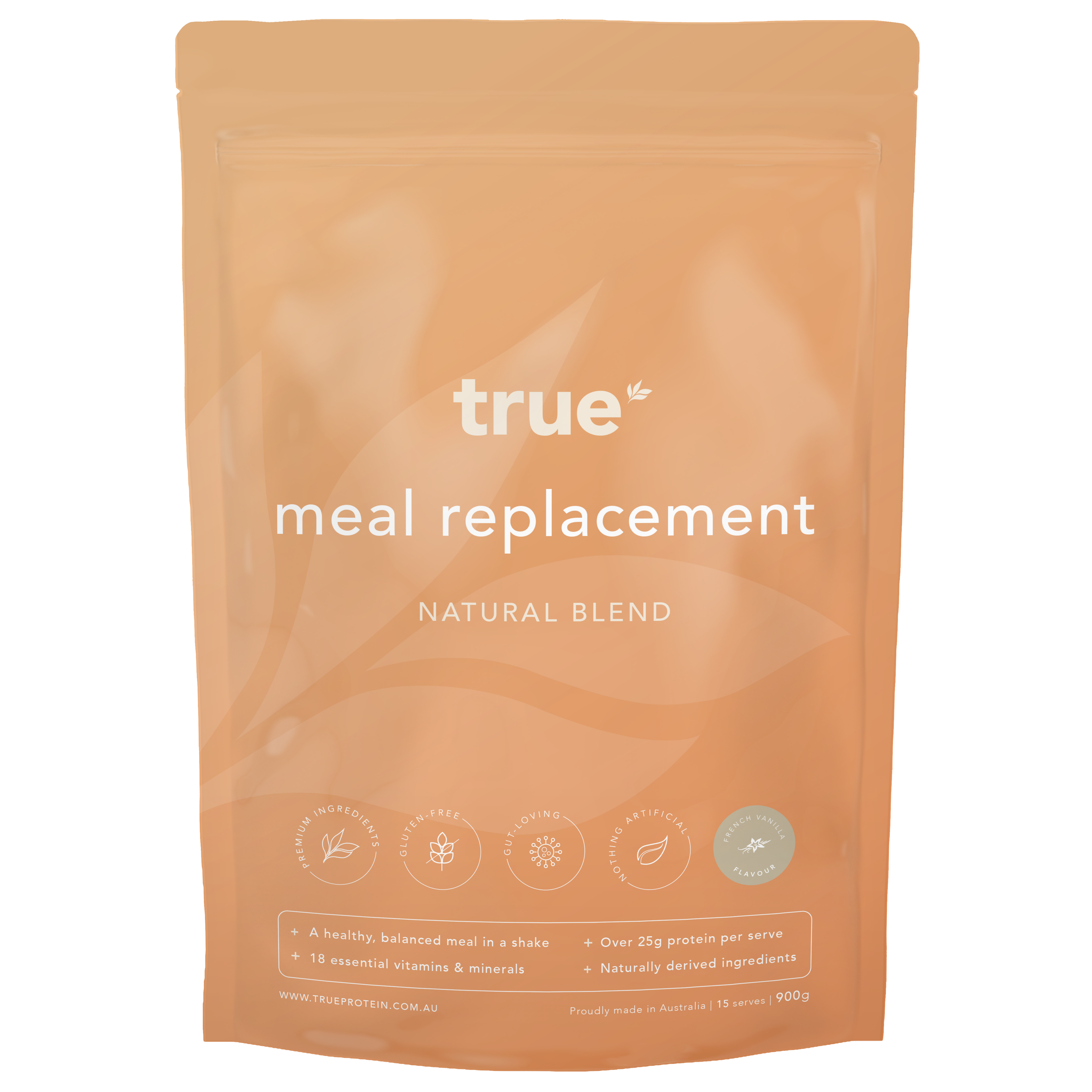 True meal replacement natural blend pouch – French Vanilla flavour protein powder 900g, Australian-made meal replacement shake with 25g+ protein per serve, vitamins &amp; minerals, natural ingredients