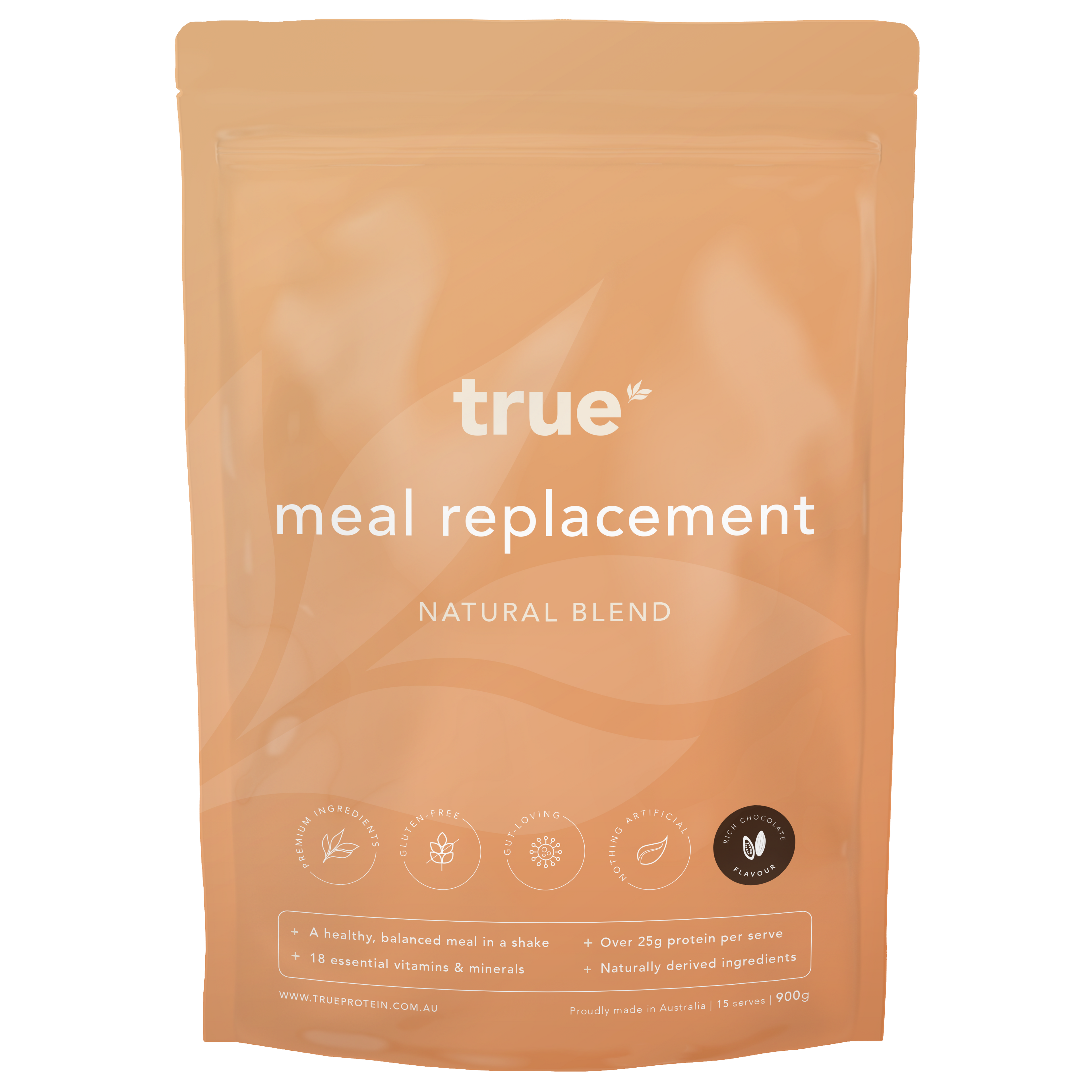 True meal replacement natural blend pouch by True Protein — 900g resealable orange pouch, rich chocolate flavour, over 25g protein per serve, 18 vitamins &amp; minerals, gluten-free, naturally derived ingredients, proudly made in Australia.
