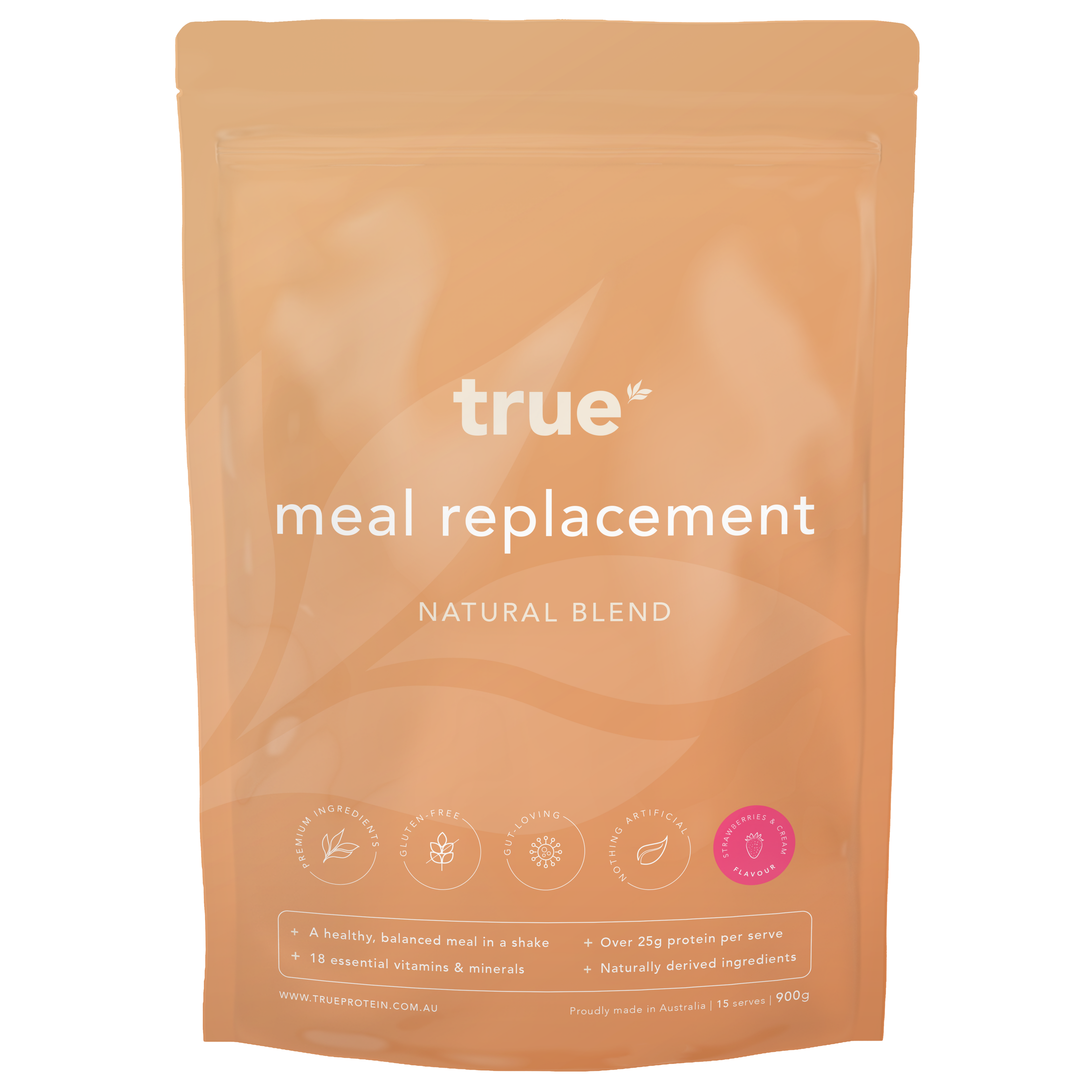 True Meal Replacement natural blend powder pouch, strawberry &amp; cream flavour, 900g resealable bag — Australian-made meal replacement shake with 25g+ protein per serve, 18 vitamins &amp; minerals, gluten-free, naturally derived ingredients.