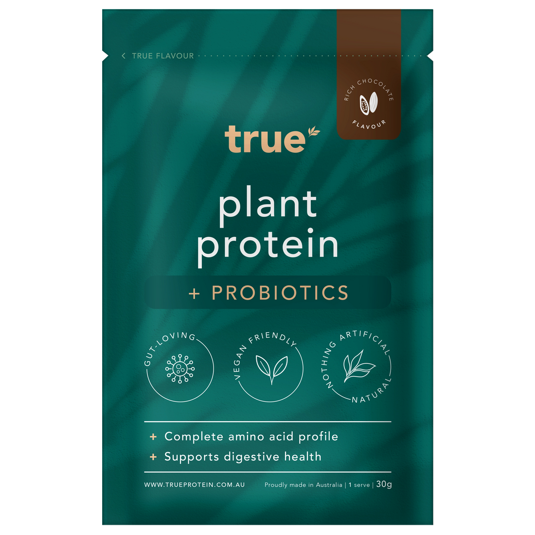 True plant protein + probiotics rich chocolate 30g single-serve teal pouch by True — vegan-friendly, gut-supporting, made in Australia