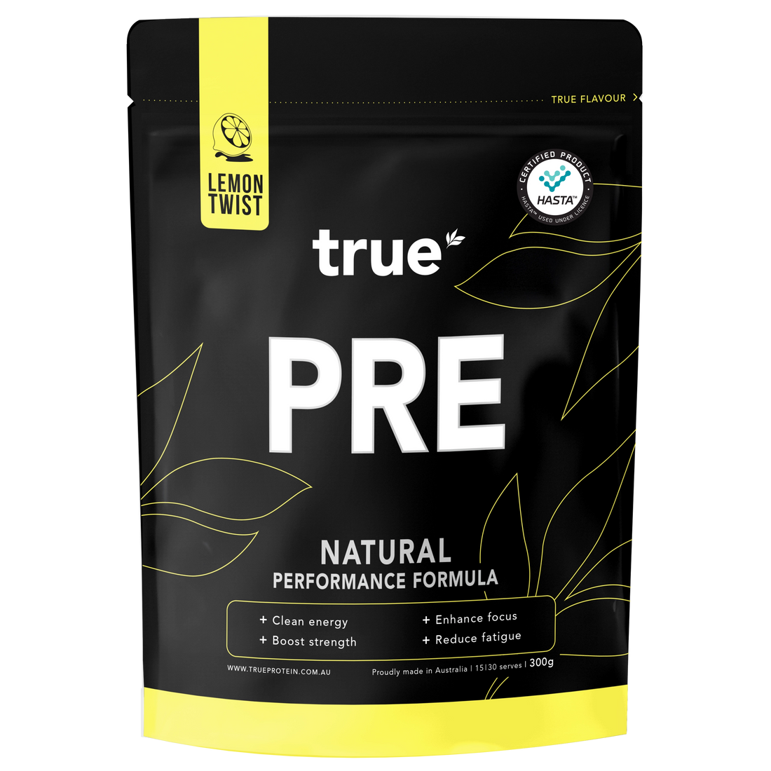 True Protein PRE natural performance pre-workout pouch, Lemon Twist flavor, 300g black resealable bag, clean energy, focus and strength boost, proudly made in Australia