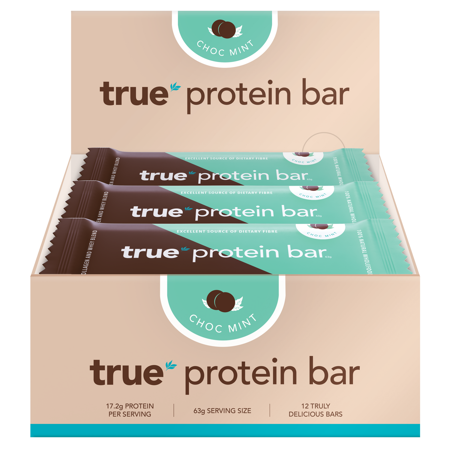 Box of True Protein Bar choc mint flavor, display pack with three mint-green and brown individually wrapped bars visible, 63g serving, 17.2g protein per serving, 12-bar retail box.
