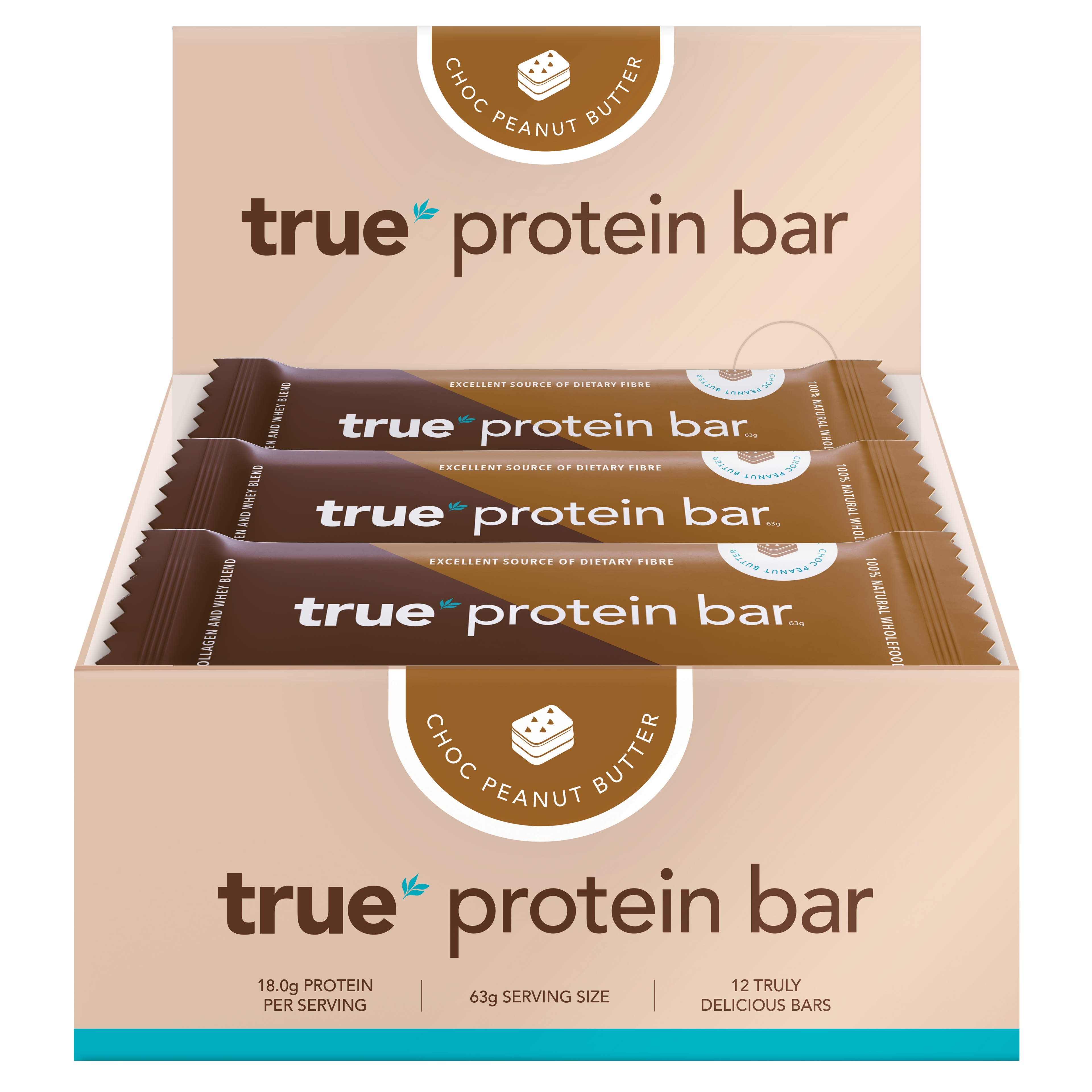 Box of 12 True Protein Bar – Choc Peanut Butter flavor, brown display box with three individually wrapped bars visible, 63g serving size, 18.0g protein per serving, front-facing retail packaging.