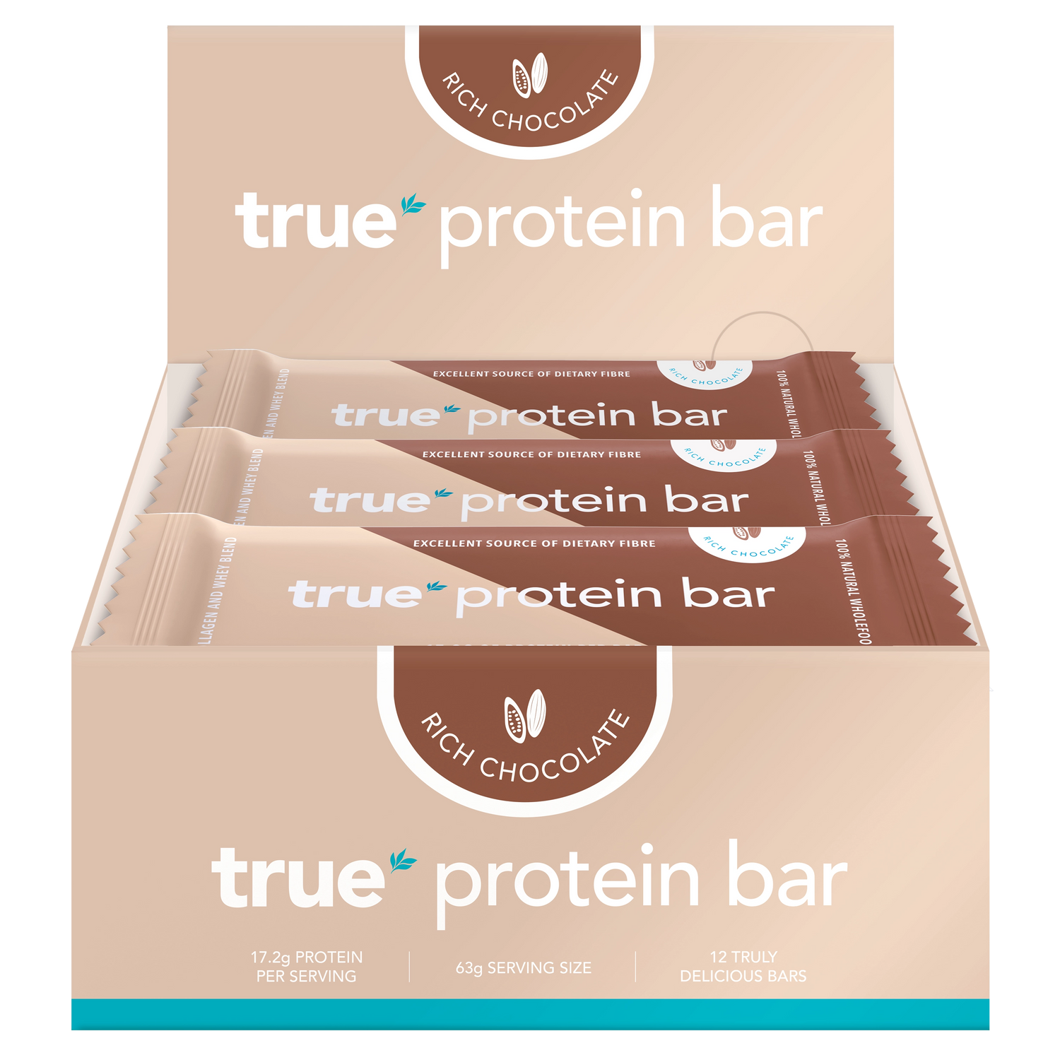 Box of 12 True Protein Bars — Rich Chocolate flavor, 63g each, 17.2g protein per serving, high‑fibre protein snack bar pack (retail display box)