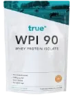 Packaging of "true WPI 90" whey protein isolate powder — white resealable pouch with teal and gray branding, 90% whey protein isolate supplement for athletes and fitness, product shot on white background.